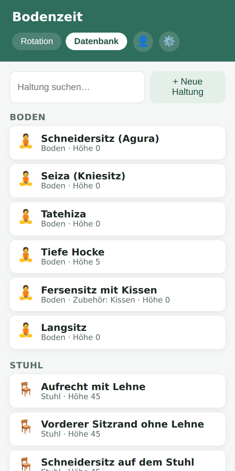 Haltungs-Datenbank, gruppiert nach Kategorie Boden und Stuhl