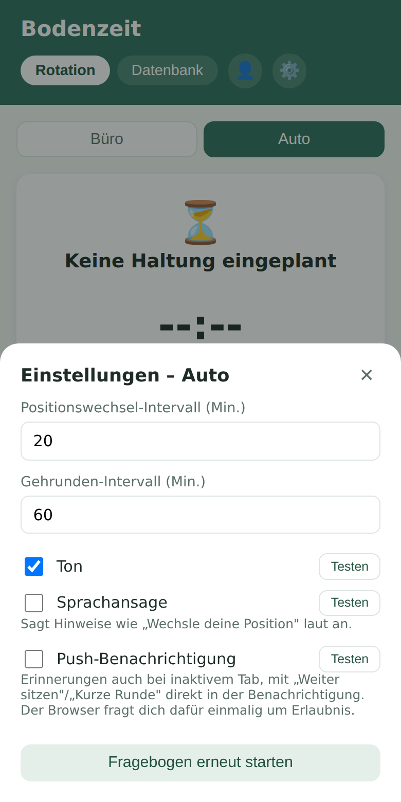 Einstellungen mit Positionswechsel-Intervall, Gehrunden-Intervall und Benachrichtigungskanälen