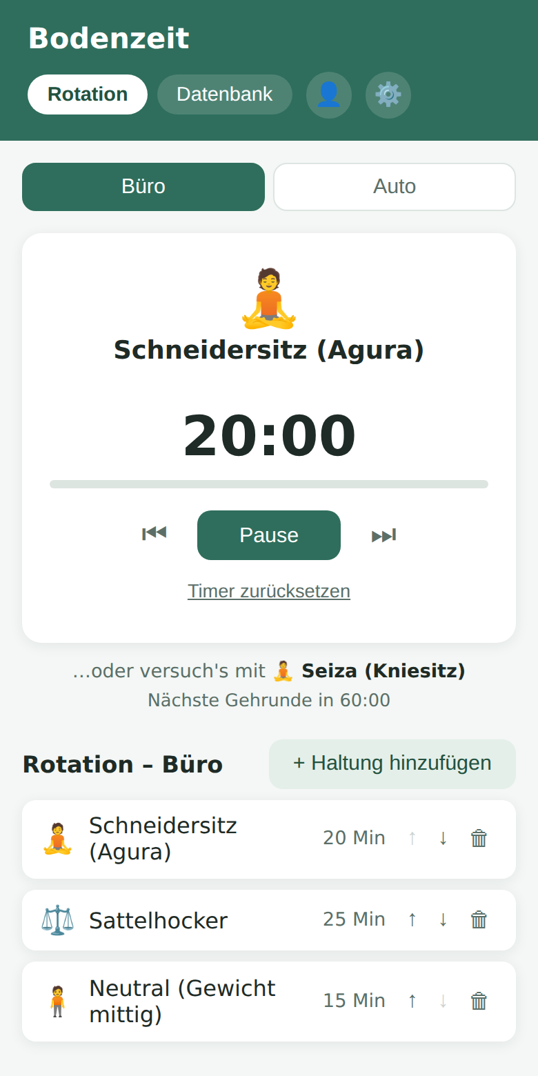 PostureShift-Timer mit laufender Rotation aus Schneidersitz, Sattelhocker und neutralem Stand